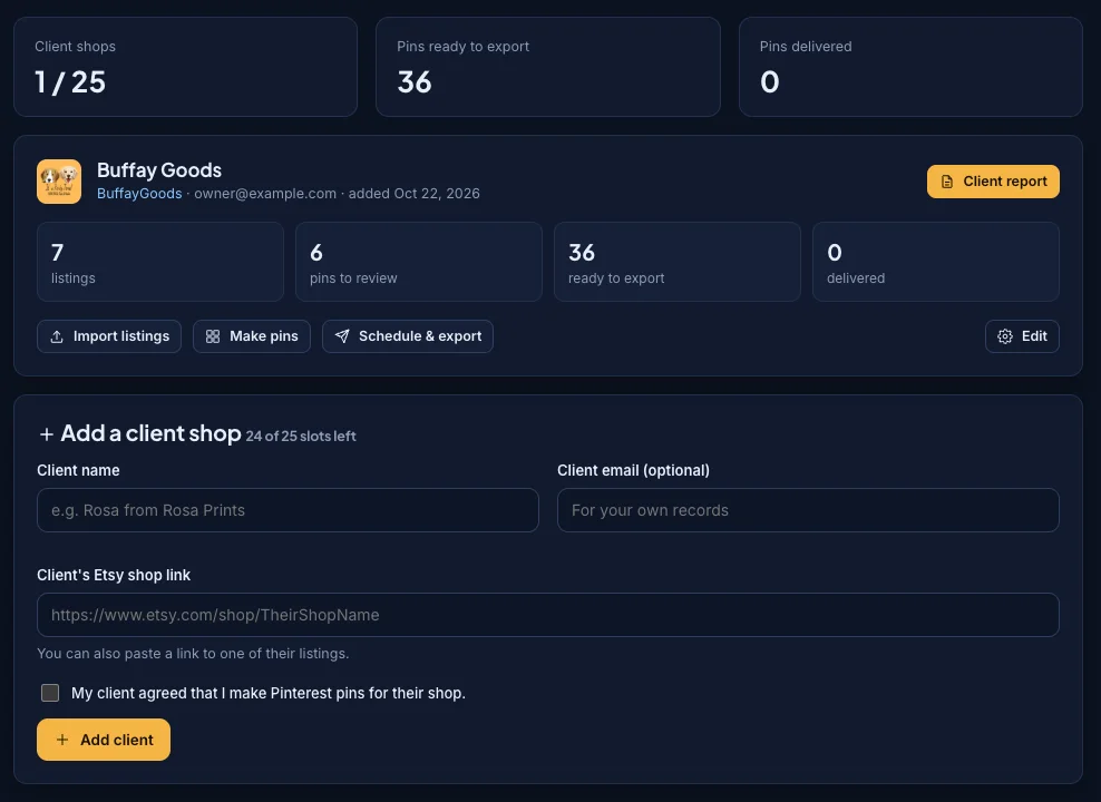 The Clients page with a client shop, its listings, pins and report button