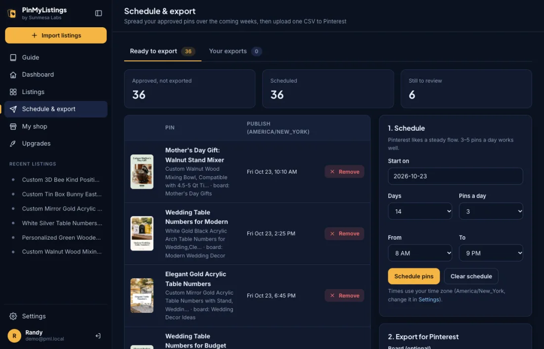 Scheduling and exporting pins