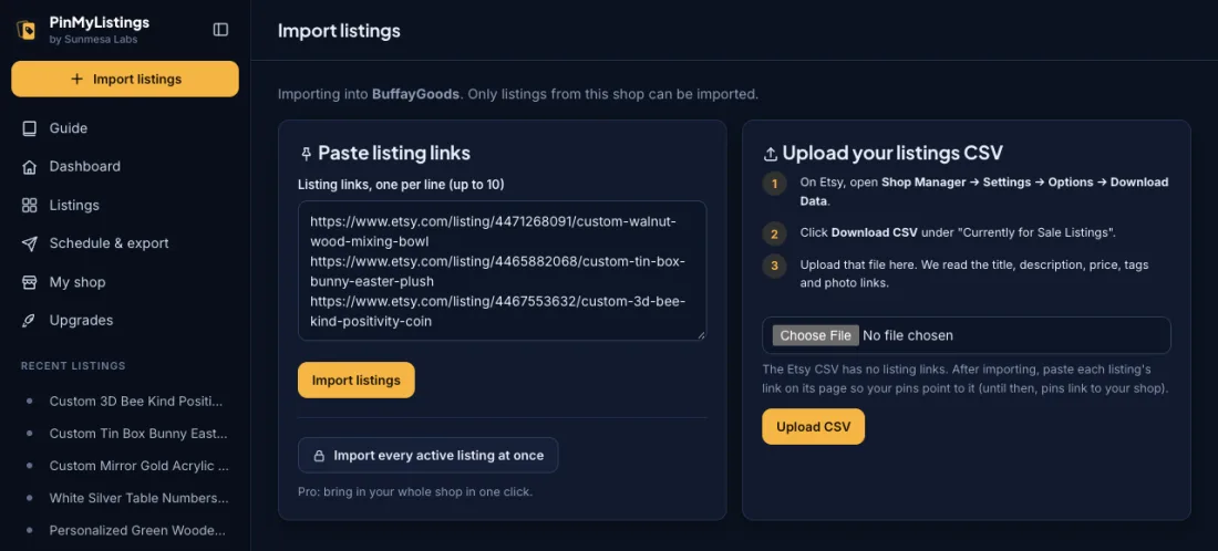 Importing Etsy listings by link