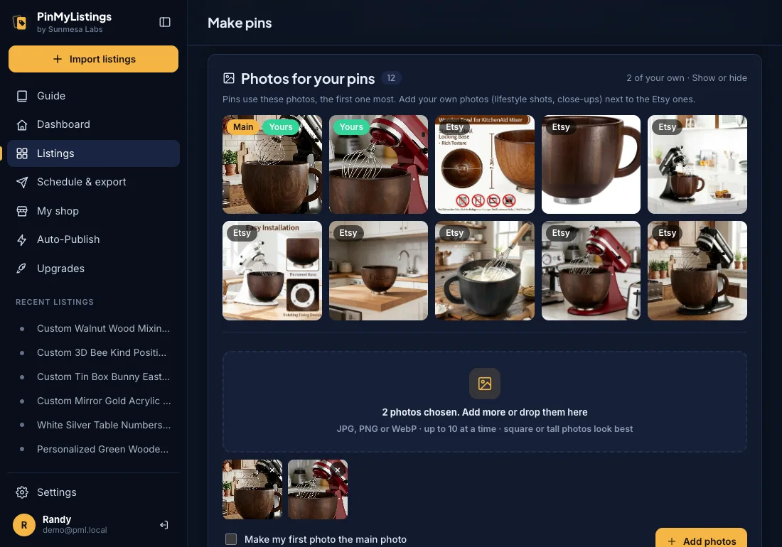 A listing's photos in PinMyListings: Etsy photos next to the seller's own uploads