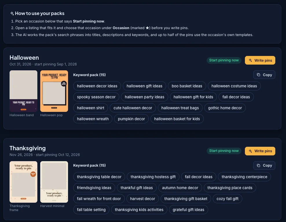 The Seasonal packs page in PinMyListings