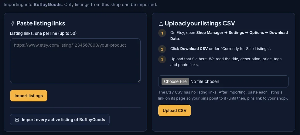 Importing every active listing of a shop in one click